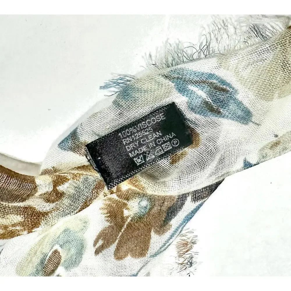 Womens Scarf Floral Theme Blue Black Brown Lightweight Fringe 100% Viscose